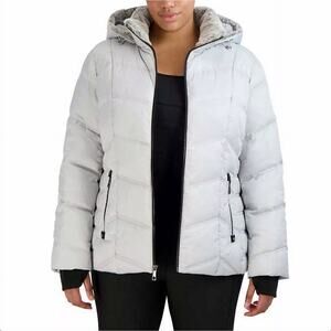 Nautica Puffer Jacket Coat Women Medium Silver Faux Fur Trim Full Zip Hooded